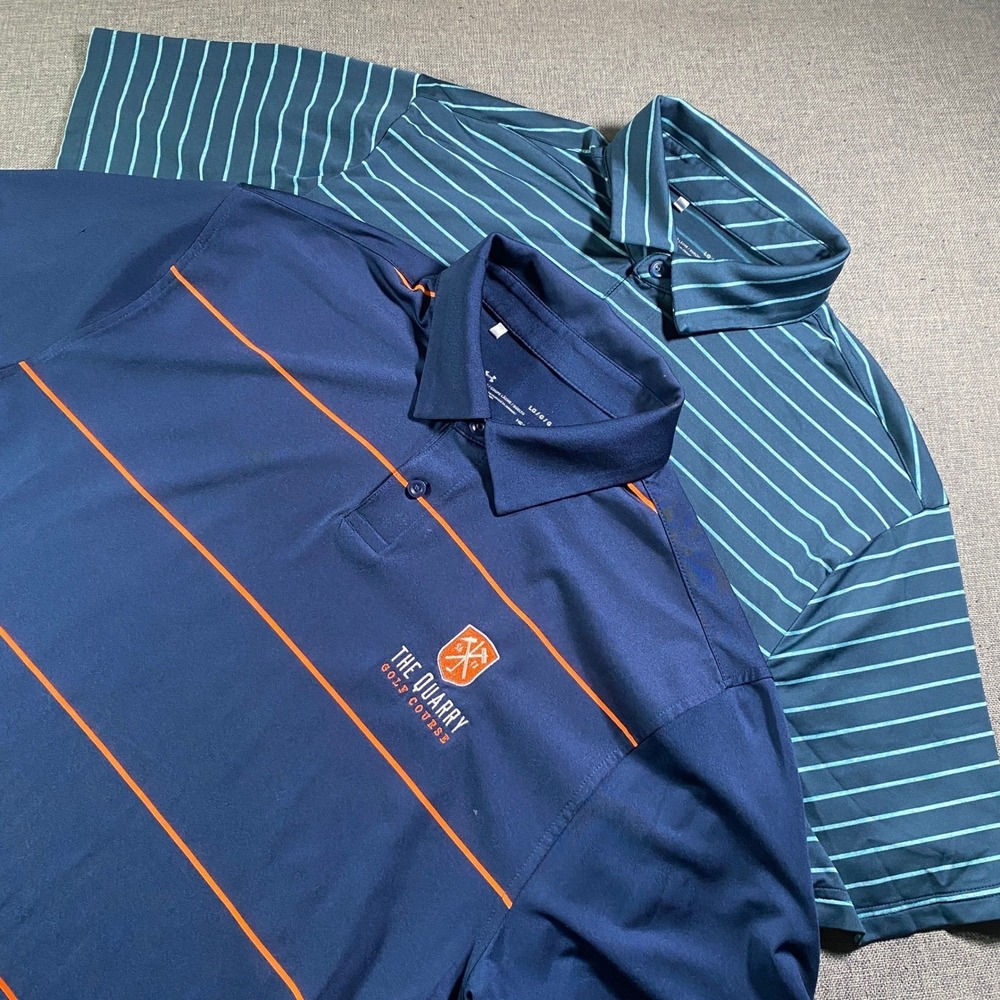 Lot of 2 Under Armour Golf Polo Shirt Men's LG HeatGear Blue/Green Striped